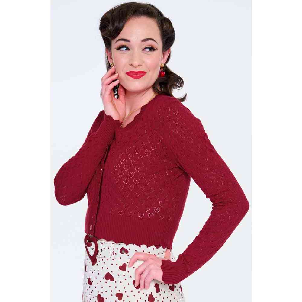 Voodoo Vixen - Scalloped Edge Heart Knit Cardigan - Red